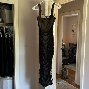 Lulus VIP Treatment Black Mesh Ruched Bodycon Midi Dress